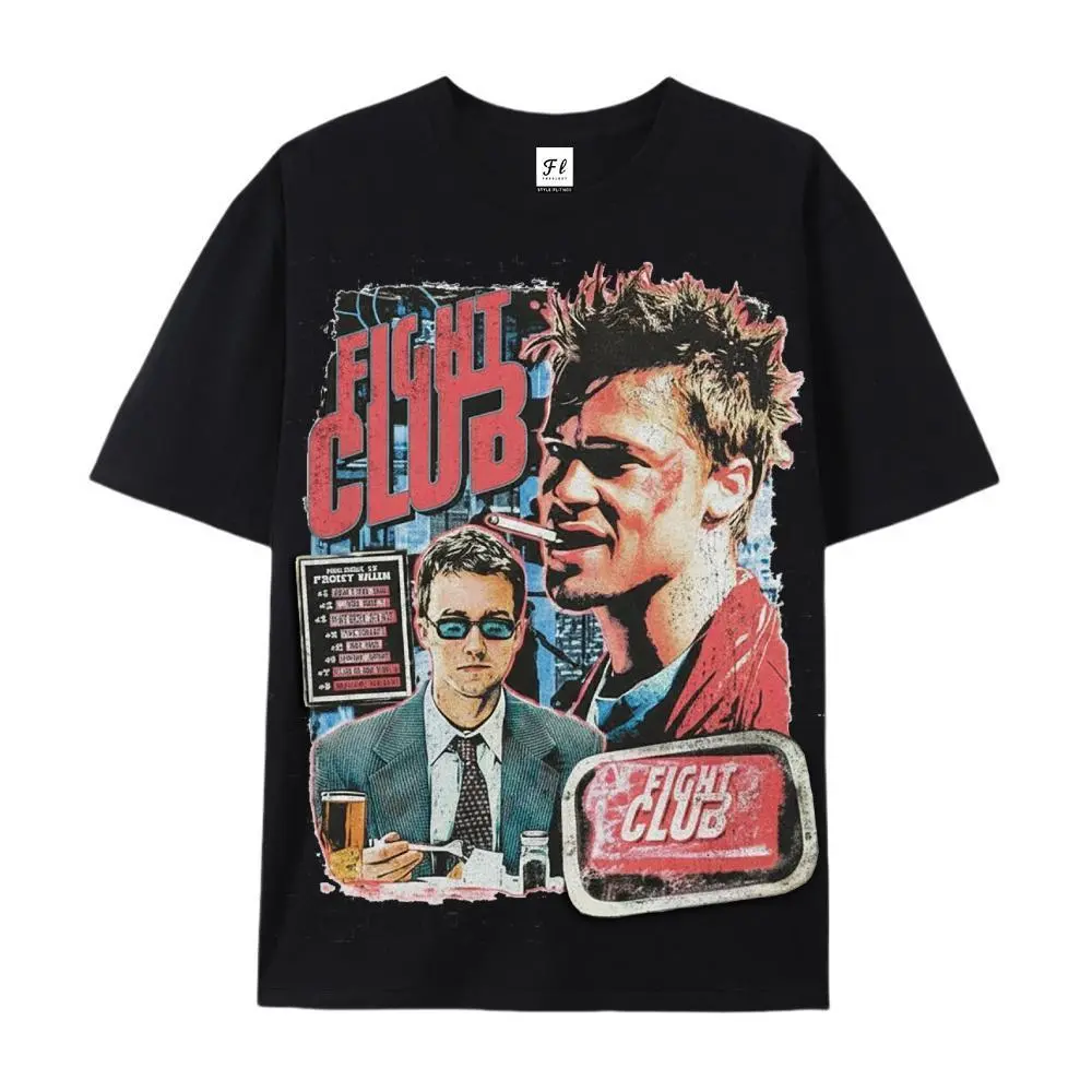 Vintage Style Graphic T-Shirt with Fight Club 1999 Print, Unisex Casual Breathable 100% Cotton Short Sleeve Top, Fabric, Streetwear, Tshirt, Shortsleeve, Menswear, Vintage T-Shirts, Pure Cotton, Basic, Fight Club Art, Hot Stamping, Iconic Imagery, Fashion