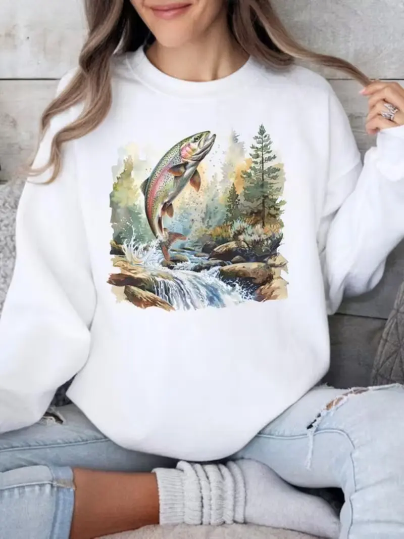 Trout Fish Mountain Stream Watercolor Graphic Crewneck Sweatshirt, Outdoor Fishing Casual Pullover, Casual Daily Outfit, Holiday Gift, Vintage Retro All‑Season Style