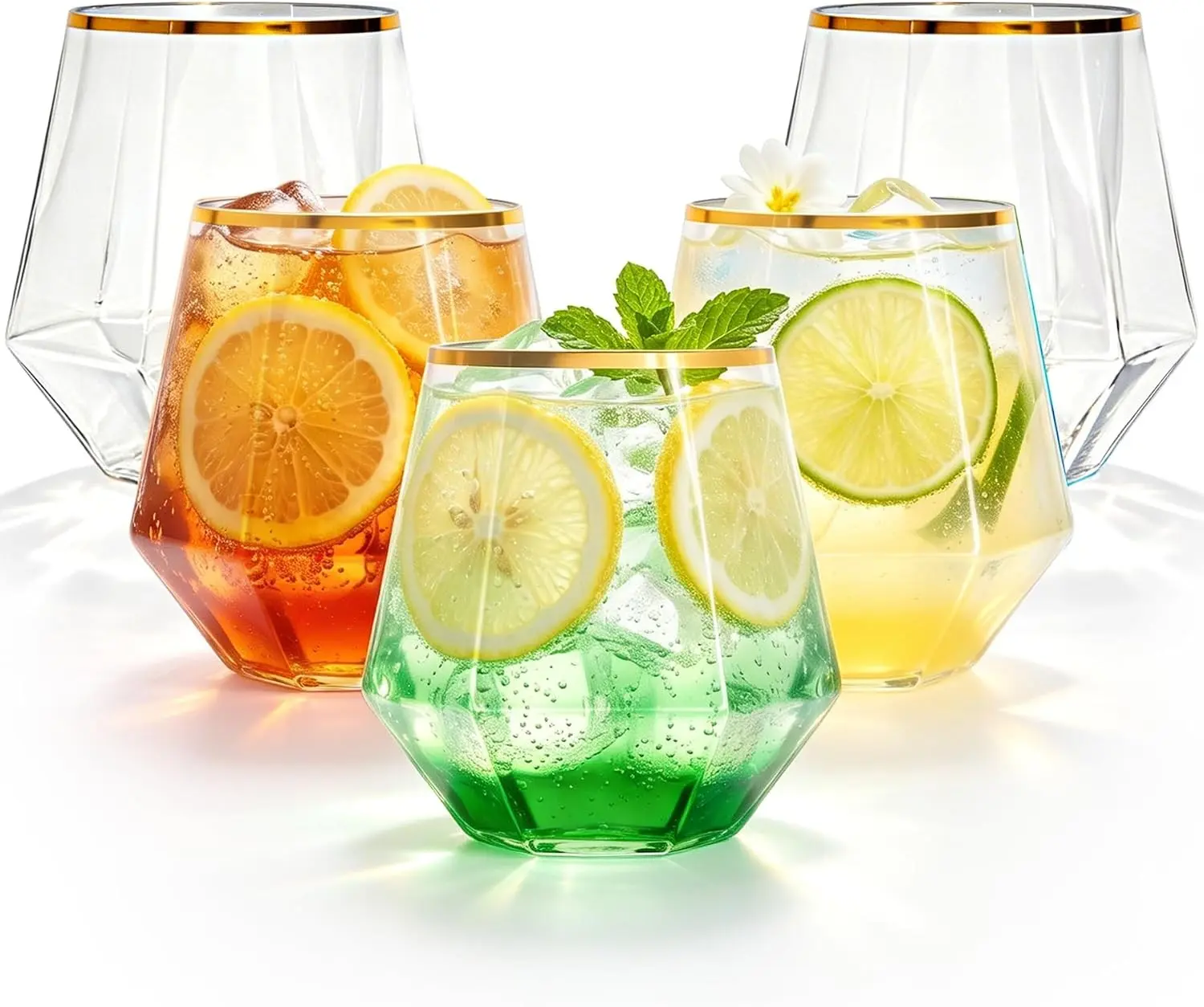 Lullaby 40PCS 12oz Stemless Plastic Wine Whiskey Glasses with Gold Rim | Clear Disposable Wine Cups for Champagne Whiskey Cocktail, Perfect for Parties, Weddings and Daily Use Gift