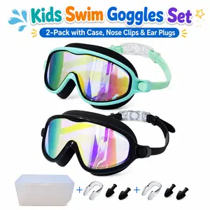 2 Pack Kids Swim Goggles for Boys Girls, Colorful Swimming Goggles with Nose Clip & Ear Plugs, Pool Beach Water Park Swim Gear