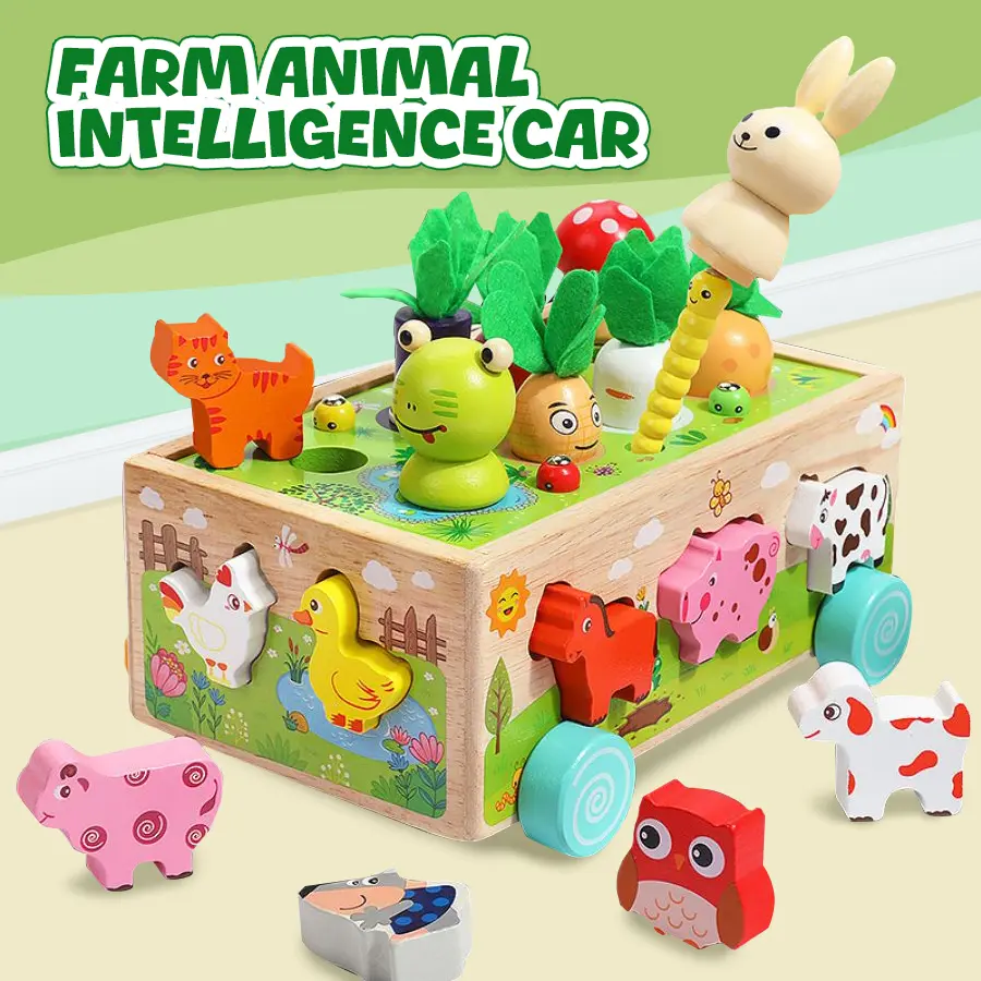 EDUTREE Toddlers Montessori Toys for Baby Boys and Girls Educational Wooden Shape Sorting Toys with Vegetables & Farm Animals Blocks Fine Motor Skills Game Ideal Birthday Halloween Gift for Kids - Cow, Mother's Day Rabbit Play