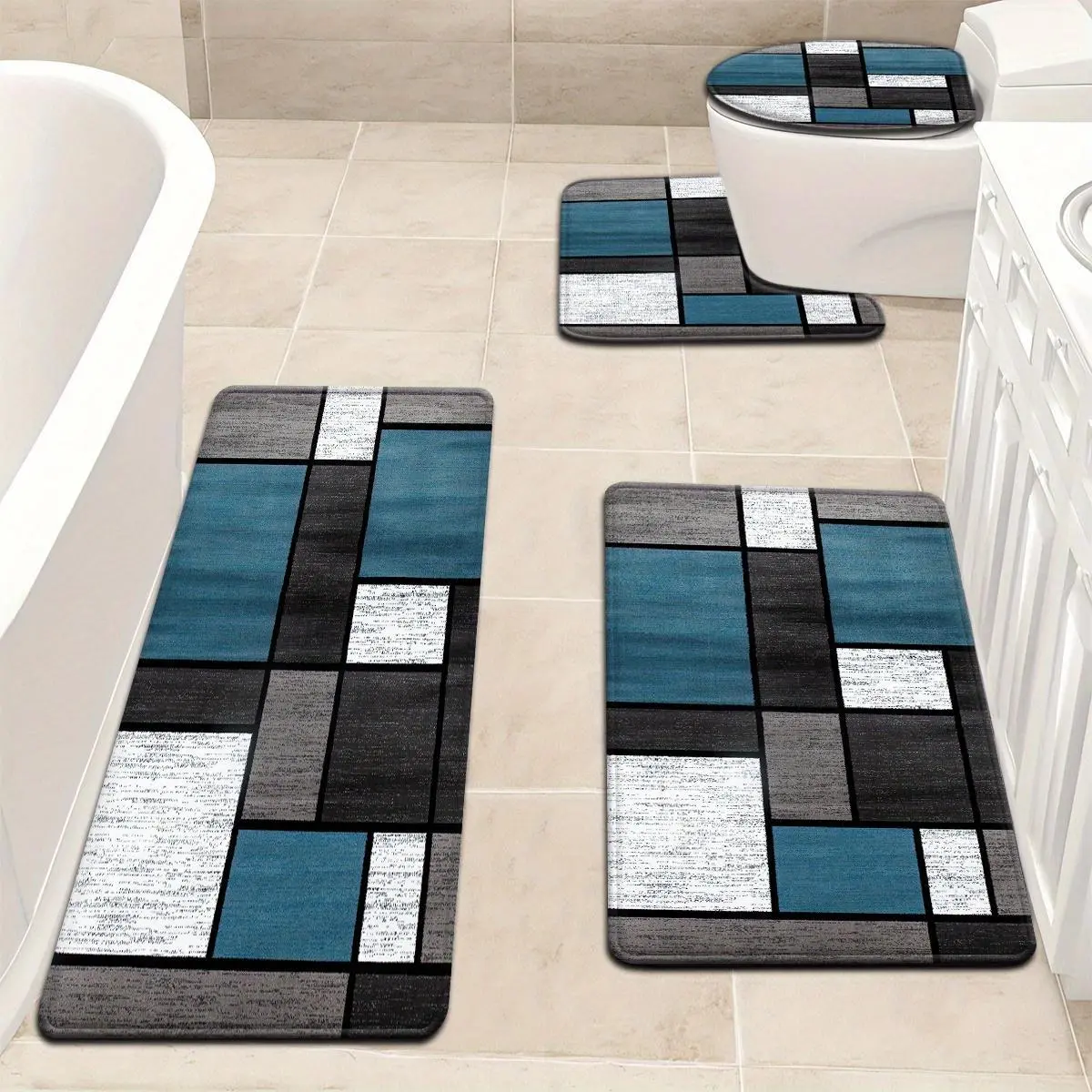 4-Piece Set: Stylish and Minimalist Blue-Gray Geometric Pattern Bathroom Mat Set—Bathroom Rugs to Enhance Your Bathing Experience, Including a Shower Mat, U-Shaped Toilet Mat, Toilet Seat Cover, and Bathroom Decor—Bath Mats Flannel Household