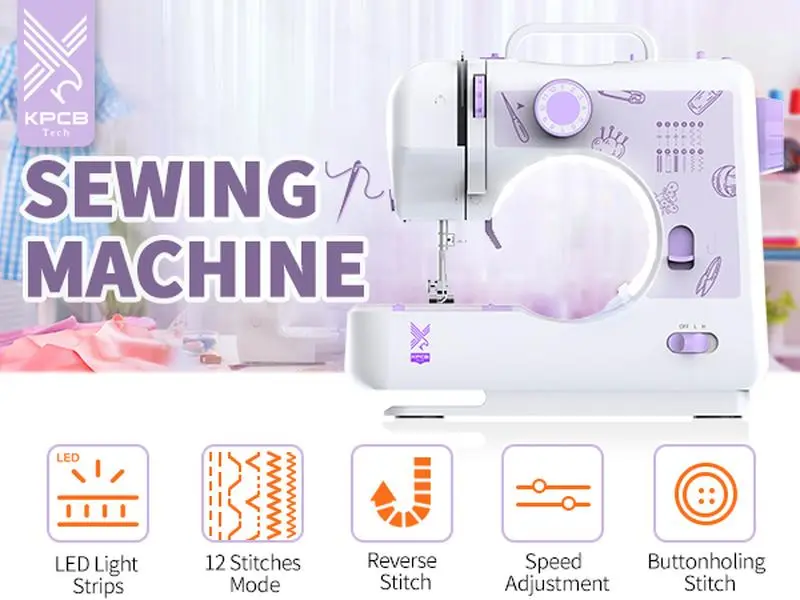 KPCB Tech Sewing Machines for Beginners, 12 Stitches Sewing Machine with Updated LED Strip and Sewing Kit Home Travel Use