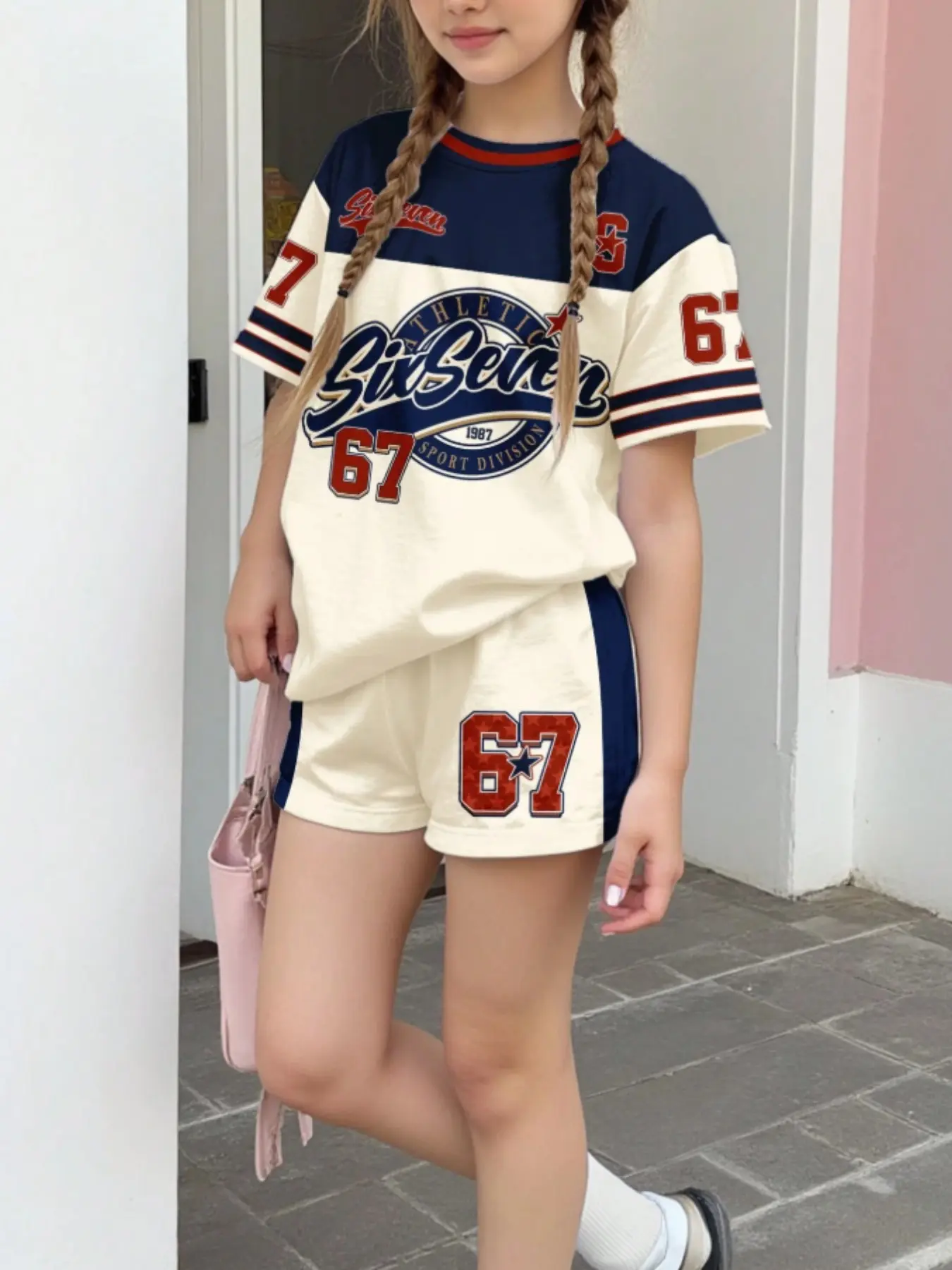 Teen Girls Casual Minimalist Letter Print Short Sleeve Top and Matching Shorts Set, Summer Clothing Set, Summer Wear, Fitted Style, All Seasons