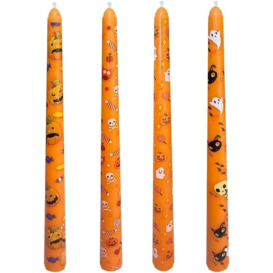 Unscented Synthetic 4-Pack 10 in Wax Taper Candles - Dripless, 7-Hour Burn, Hand-Poured, Skull Ghosts Design, Orange Halloween Home Decor, Ambient Glow Table Supplies, Cotton-Core