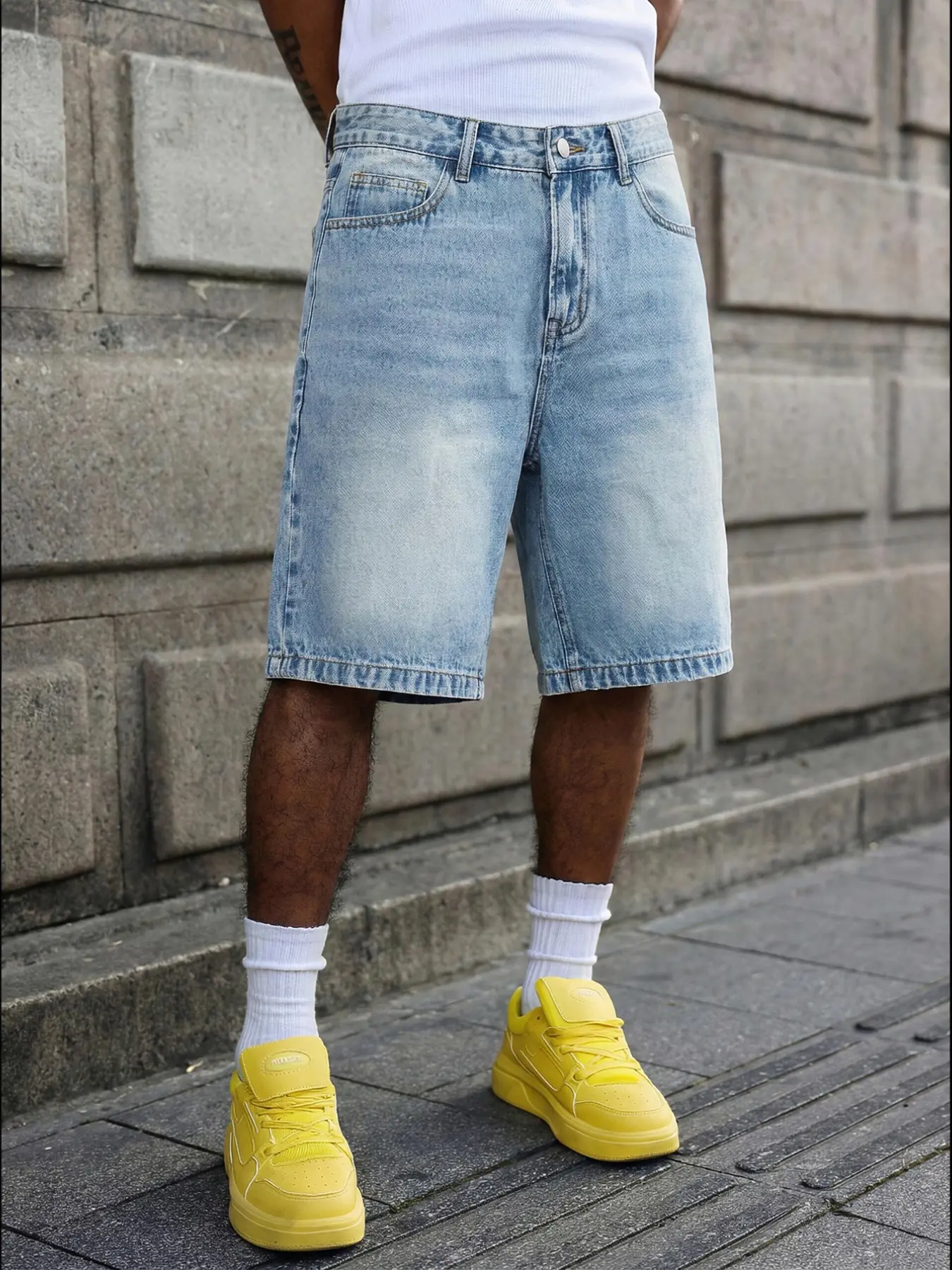American Vintage Light Blue Tropical Denim Jeans Shorts, Plain Casual Streetwear Fitted Style, Drawstring Waist, Pockets, Short Length, Men's Fashion Pants, Menswear