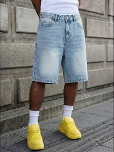 American Vintage Light Blue Denim Shorts, Casual Fitted Style, Drawstring Waist, Pockets, Short Length, Men's Fashion Pants