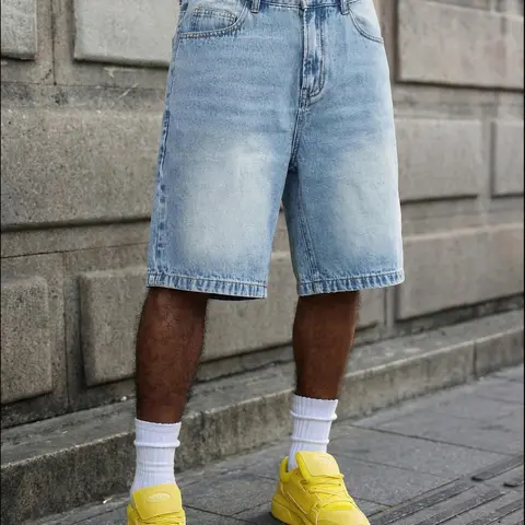 American Vintage Light Blue Tropical Jeans Shorts, Vintage Clothing, Plain Casual Streetwear Fitted Style, Drawstring Waist, Pockets, Short Length, Men's Fashion Pants, Menswear