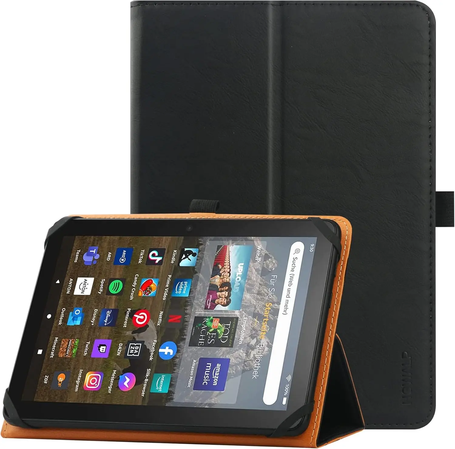 Universal Case for 7 inch 8 inch Tablet, Folio Protective Cover for 7" 8" Touchscreen Tablet, with Adjustable Fixing Silicon Band and Stand (Black)