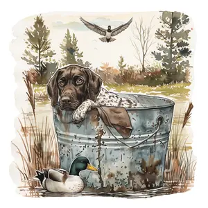 Hunting Dog In Wash Tub And Duck Wildlife  Direct To Film Print, DTF Print, Ready To Press Print For T Shirts
