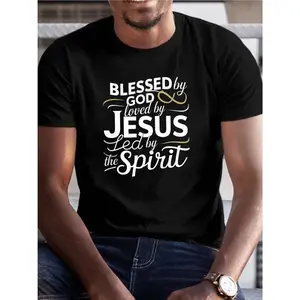 Cotton short sleeve T-shirt "blessed by God, loved by Jesus..." Print for men couple fashion T-shirt, street short sleeve cotton T-shirt, comfort-fit crew neck t-shirt-ultra-soft, breathable