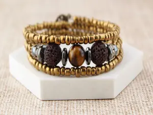 Brown Lava Rock Gold Beaded Bracelet, Diffuser Wrap Bracelet, Lava Bead Bracelet, Lava Stone Bracelet. One size Fits Most.
