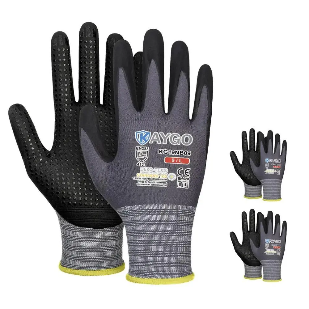 KAYGO High Dexterity Work Gloves KG19NB – MicroFoam Nitrile Palm Coating with Micro Dots, Lightweight Safety Gloves for Mechanics, Painting & General Purpose