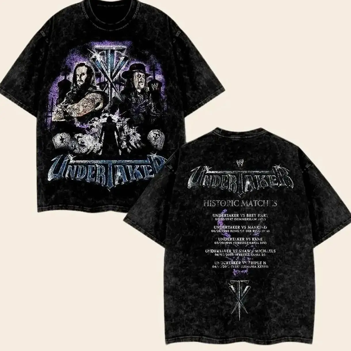 The Undertaker Washed T-Shirt Wrestling Shirt WWE Fans WWE Tee Menswear Cotton Crewneck Premium American Made Acid Washed 100% Cotton Fabric Top Streetwear Tropical Seamless HZI