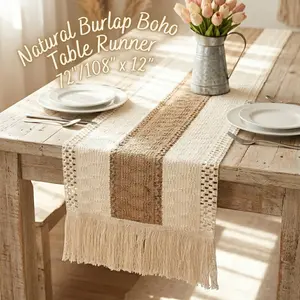 Boho Burlap Table Runner 72 / 108 inch, Rustic Macrame Farmhouse Table Decor for Kitchen Dining Wedding Party