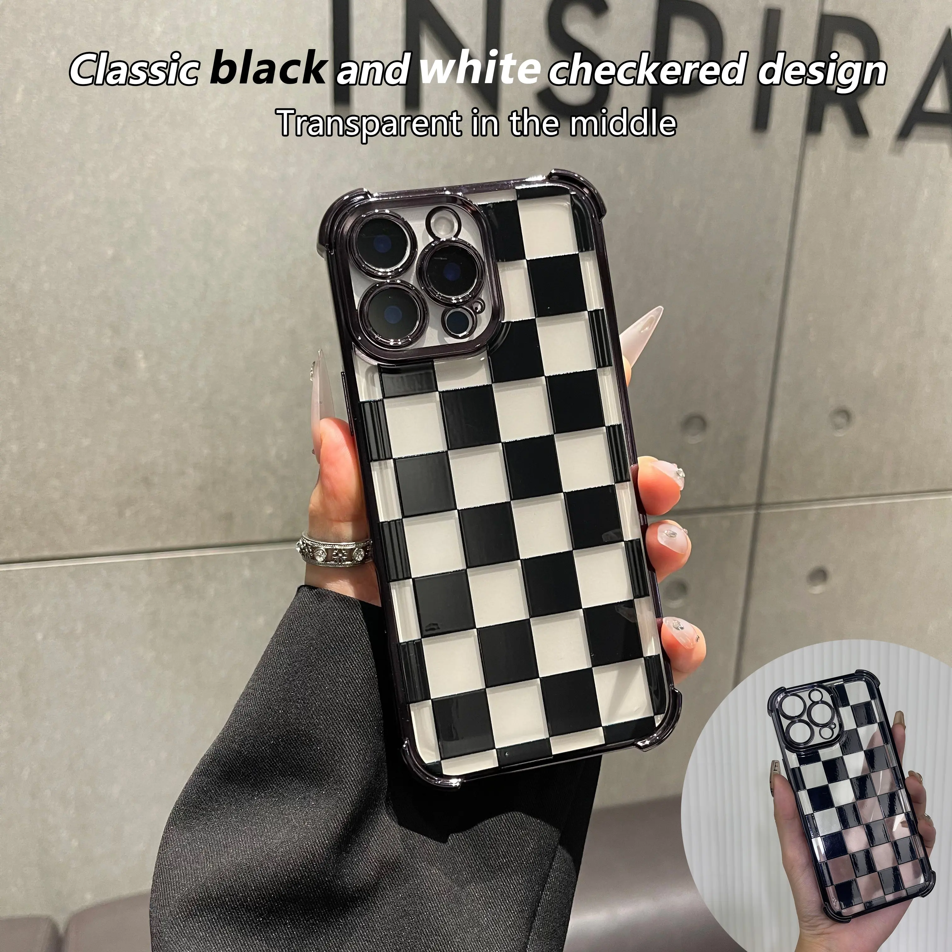 Black Checkered Phone Case |   4-Corner TPU Drop-Proof Design |   For iPhone |   Simple Stylish Camera Protection |   Model: HY13