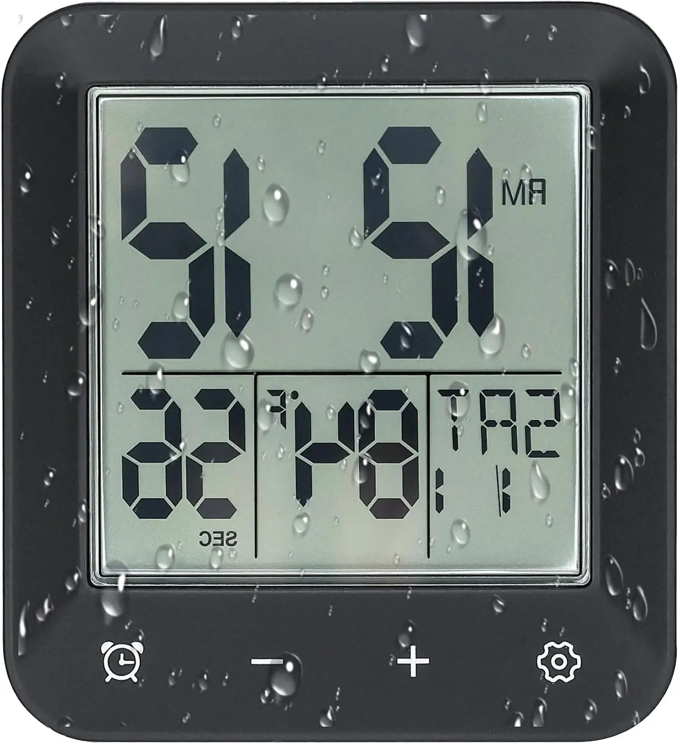 Waterproof Digital Shower Clock with Extra Large LCD Display, Timer, Countdown, Moisture Proof, Anti-Splash, Shows Temperature, Time, Date and Day of Week, Suction Cup, Hanging Hole Stand