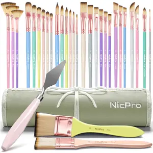 Nicpro 30pcs Paint Brush Set, Aesthetic Pastel Paintbrushes with Paint Spatula and Cloth Roll, Craft Paint Brushes for Acrylic Painting Oil Watercolor Gouache, Art Supplies for Artists and Beginners