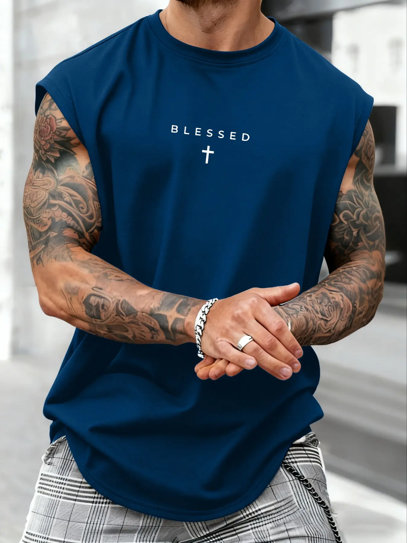 Men's Cross Print Round Neck Tank Top, Streetwear Casual Crew Neck Sleeveless Top for Daily Outdoor Wear, Men's Clothes for Summer