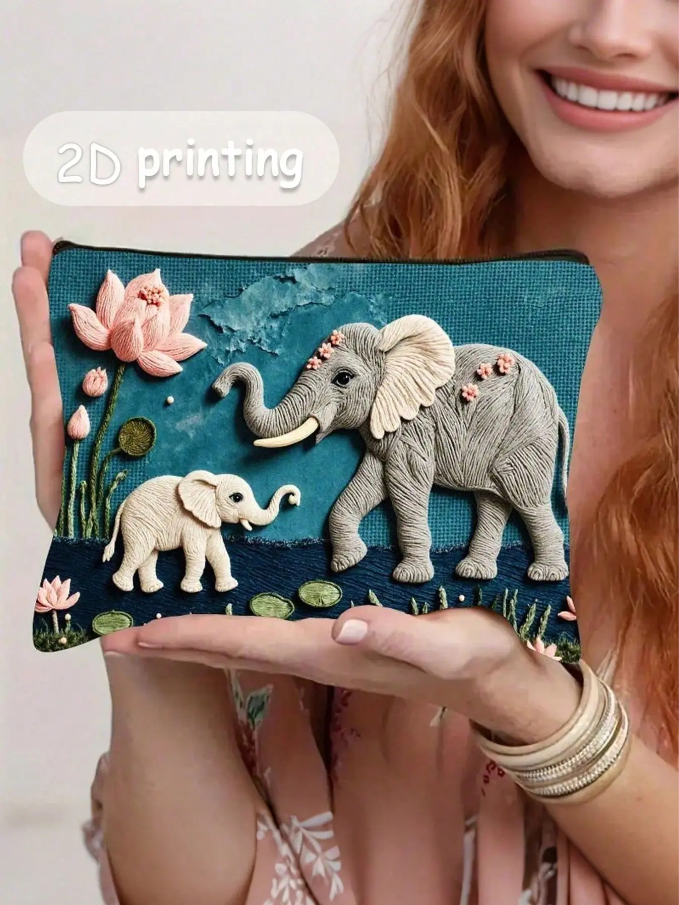 Elephant Family Makeup Bag with Zipper, Floral Patterns, Compact & Portable, Perfect Gift for Women, Girls, Teens, Valentine's Day, Birthday