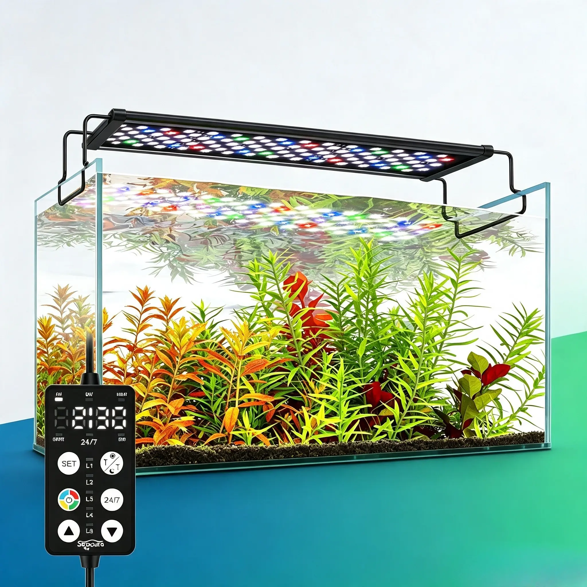 Seaoura  Advanced Full Spectrum LED Planted Aquarium Light 14W for 12 to 18 Inch Freshwater Planted Fish Tank 3 Lighting Modes Custom Timer Time Memory Function 7 Rows LED Chips 9 Color Options Dimmable IP68 Waterproof Tall Extendable Bracket