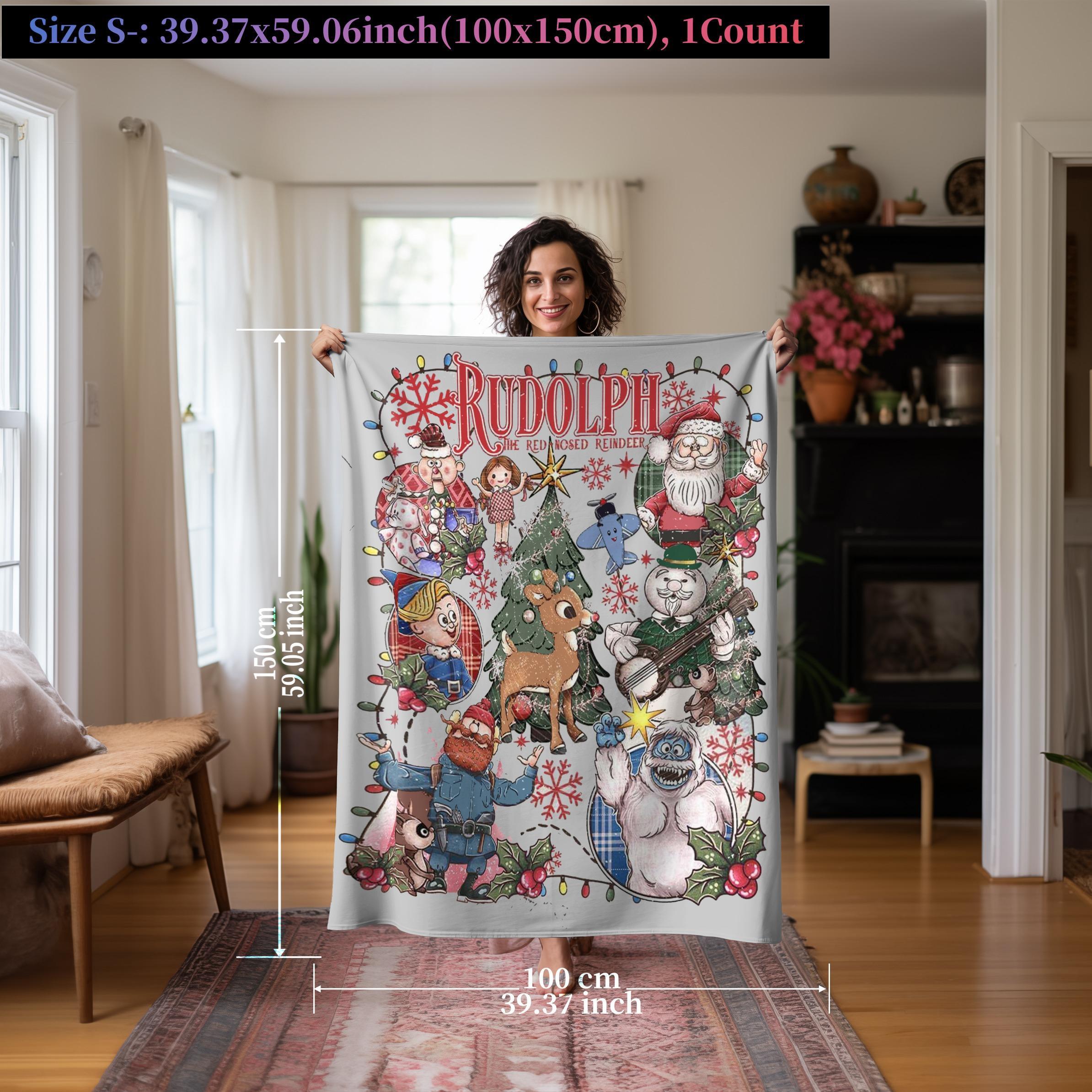 Rudolph the Red - Nosed Reindeer Christmas - Themed Blanket| Sofa Binging Throw, AC Home Blanket, Outdoor Picnic Vibe For Christmas party decor, winter family movie nights, New Year gathering decor Ideal for Christmas, New Year's Day, New Year