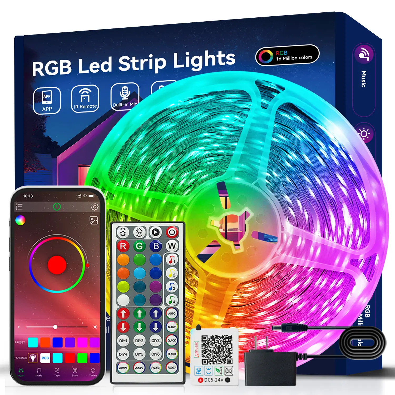 Smart RGB LED Strip Lights - Color Changing, Includes Power Supply & Controller, Easy Installation, Multifunctional Lighting for Bedroom, House Decor, Chill Room Accessories, Whimsical Room Items, Room Decor, Whimsical Room Decor