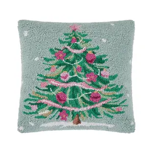 Peking Handicraft 31SJM11196C16SQ 16 x 16 in. Pink & Green Christmas Tree Poly Fill Hook Pillow, Multi Color
