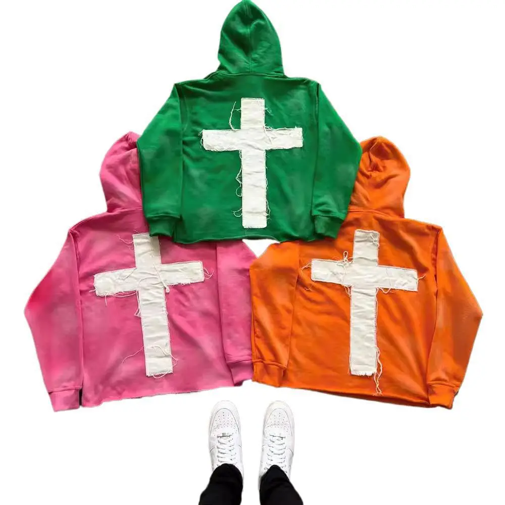 Cross Letter Patch Embroidered Sports Men's and Women's Tops Y2K Millennial Street Hip Hop Fashion Loose Sweatshirt Hoodie Menswear Pullover
