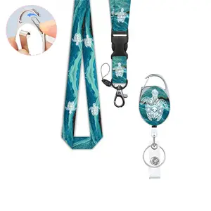 Stylish ID Badge Holder with Lanyard and Retractable Reel, Nurse Name Badge Clip and Keychain, Fun Blue Turtle Design for Office Use and Gifts