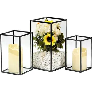 Hurricane Glass Candle Holder Set of 3 Pieces Black Candleholders for Wedding Party Holiday Birthday Home Decor Lanter