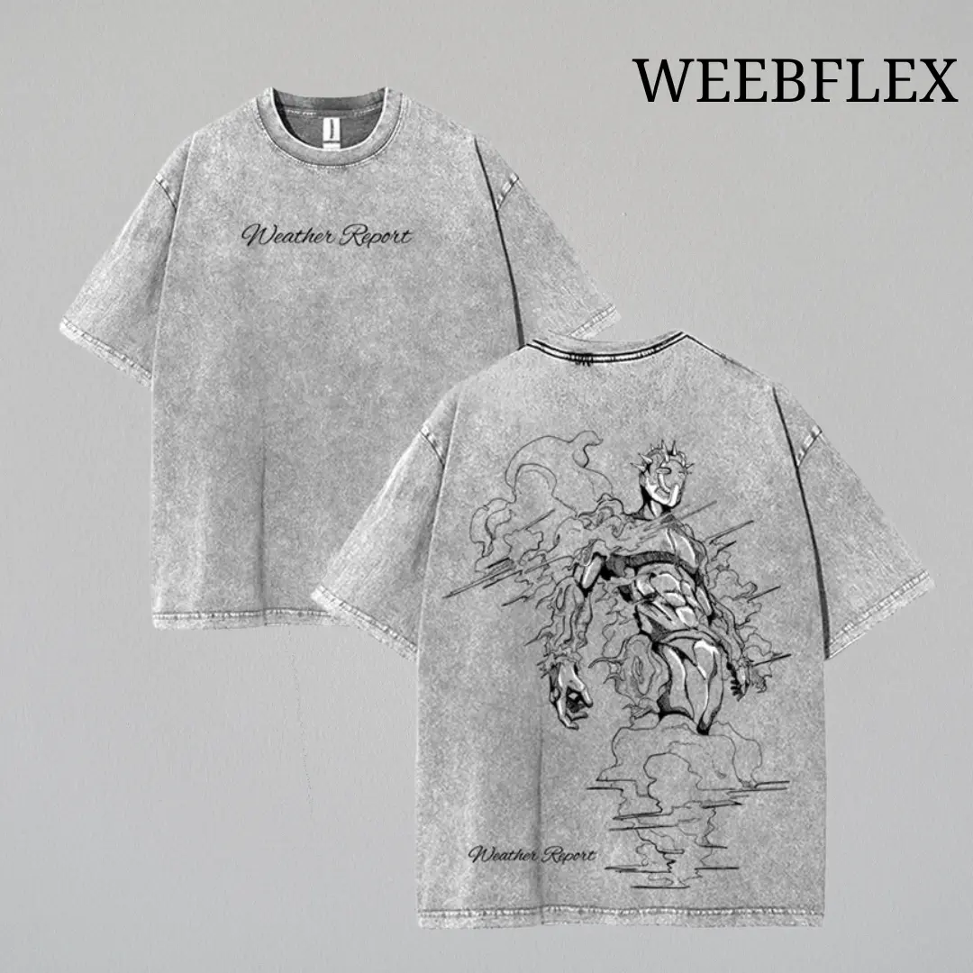 JoJo’s Bizarre Adventure Graphic Tee, Weather Report Vintage Oversized Wash Shirt, Anime Manga Cotton T-Shirt, Unisex Streetwear Gift for Fans