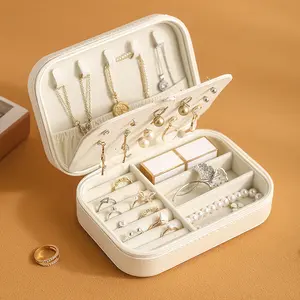 Travel Jewelry Box, PU Leather Small Jewelry Organizer for Women Girls, Double Layer Portable Mini Travel Case Display Storage Holder Boxes for Stud Earrings, Rings, Necklaces,Pendants,Watches,Lipsticks,Zipper Pouch Bag，Organizer Storage Holder Case