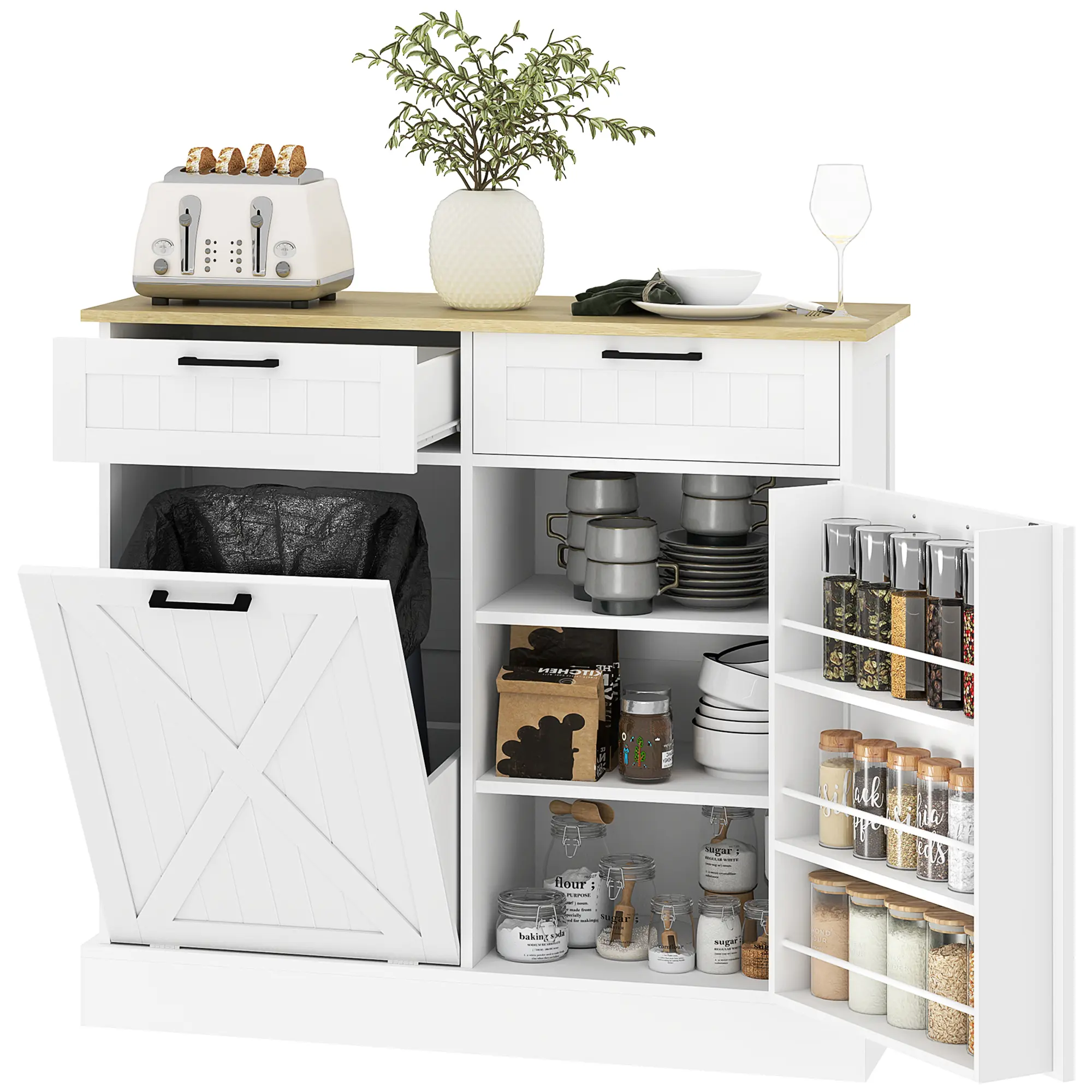 #Summervibes HOMCOM Tilt Out Trash Can Cabinet, 10 Gallon Farmhouse Kitchen Cabinet with Hidden Trash Can and 2 Drawers for Laundry Room, Pantry, Kitchen