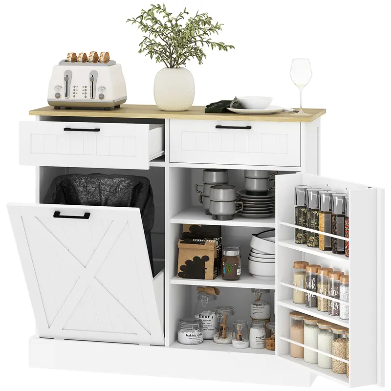 #Summervibes HOMCOM Tilt Out Trash Can Cabinet, 10 Gallon Farmhouse Kitchen Cabinet with Hidden Trash Can and 2 Drawers for Laundry Room, Pantry, Kitchen