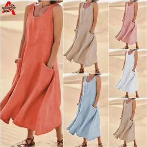 2026 Summer Cotton Linen Dress for Women, Sleeveless Round Neck with Pockets, Casual Loose European American Style