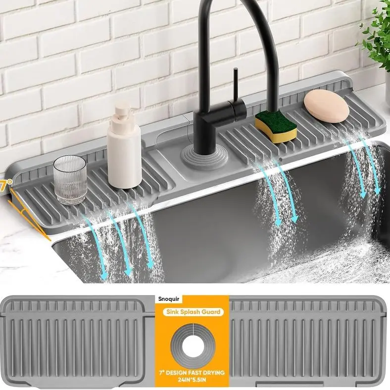 24 Inch Silicone Faucet Mat For Kitchen Sink, 5° Slope Fast Self-Draining Splash Guard, Longer Non-Slip Sink Protector, Easy Clean Kitchen Accessories, Home Organization & Countertop Protector summerwins