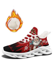 Men's Christmas Santa Claus "HO" Print Sneakers, Lightweight Walking Shoes, Warm Plush-Lined Athletic Shoes, Comfortable Sports Shoes