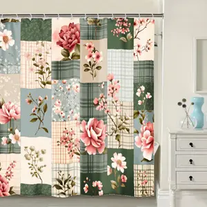 Boho Patchwork Floral Shower Curtain for Bathroom, Flower Vintage Plaid Farmhouse Rustic Country Bathroom Decor Curtains with 12 Hooks