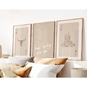 How Lucky Are We Set of 3 Retro Western Wall Art Trendy Cowgirl Modern Southwestern Decor Apartment Aesthetic Plaid Inkjet Printed Poster