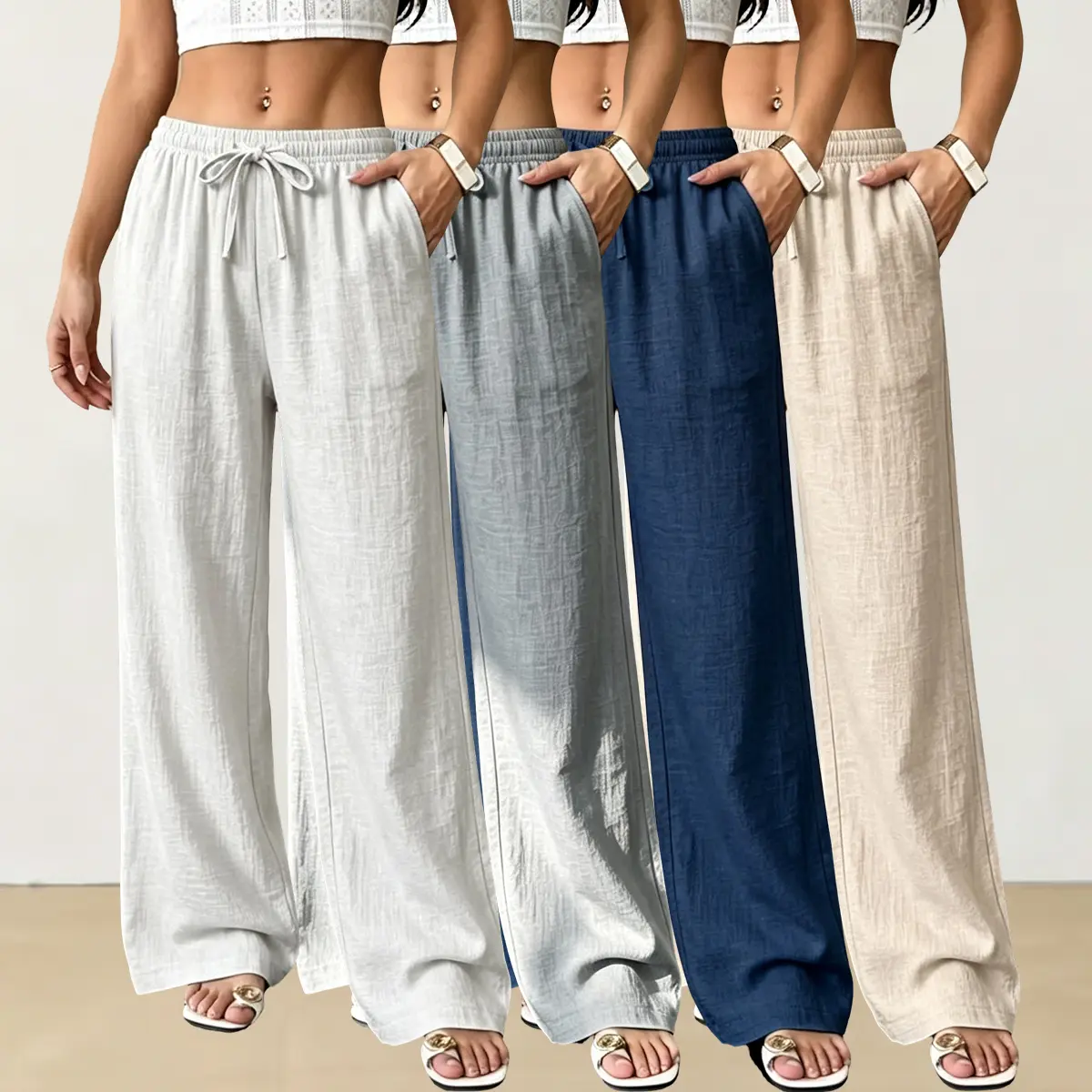 Women’s four-pack cotton-linen long pants, solid-color casual trousers made from a comfortable, breathable, lightweight fabric. Suitable for going out, exercise, and running. Machine washable. Ideal for summer and great as a gift for women.