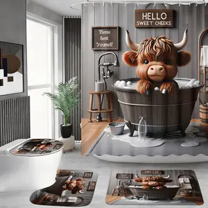 4pcs Highland Cow Bathroom Set, Hello Sweet Cheeks Shower Curtain, The floor mat fabric is thicker and softer!  Soft Rug, Toilet Seat Cover, Cute Farmhouse Print, Retro Western Decor