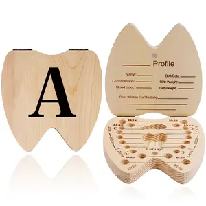 Wooden Milk Tooth Box - Tooth Fairy Box for Deciduous Teeth | Lanugo & Umbilical Cord Collection Holder (Holds 20 Teeth) | Ideal Gift for New Parents & Nursery Room Decor | Black 26 Letters Pattern