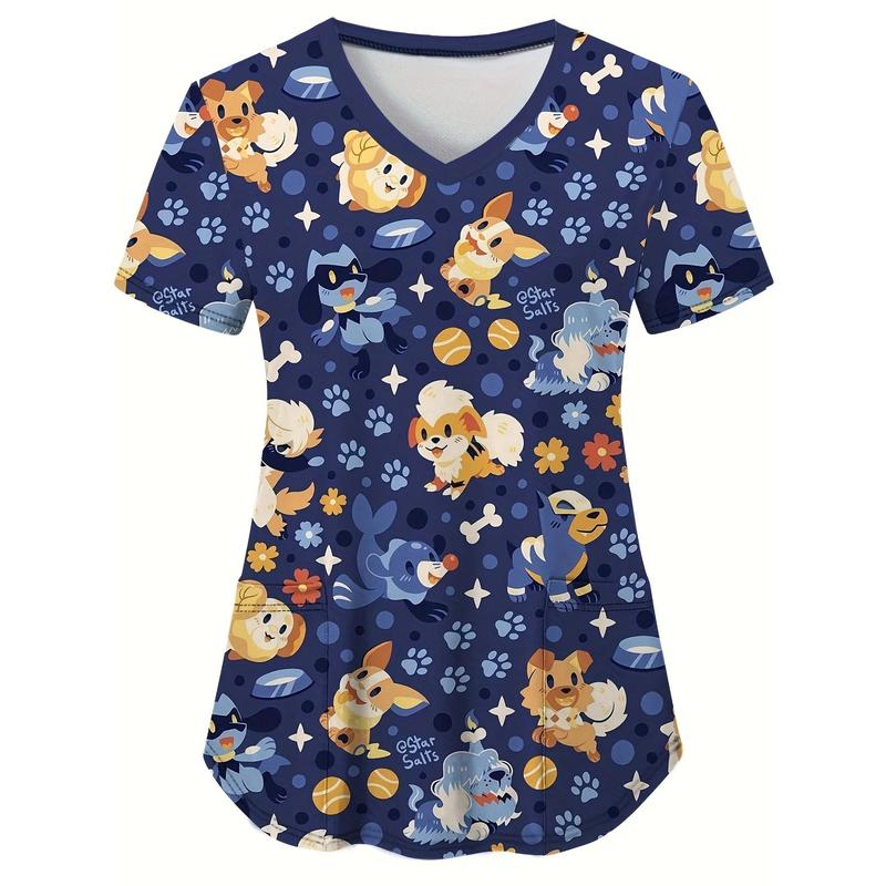 Medical Uniform for Women cute Cat and Dog Print V-Neck Clinical Uniform Short Sleeve Patch Pocket Tops Surgical Uniforms Woman