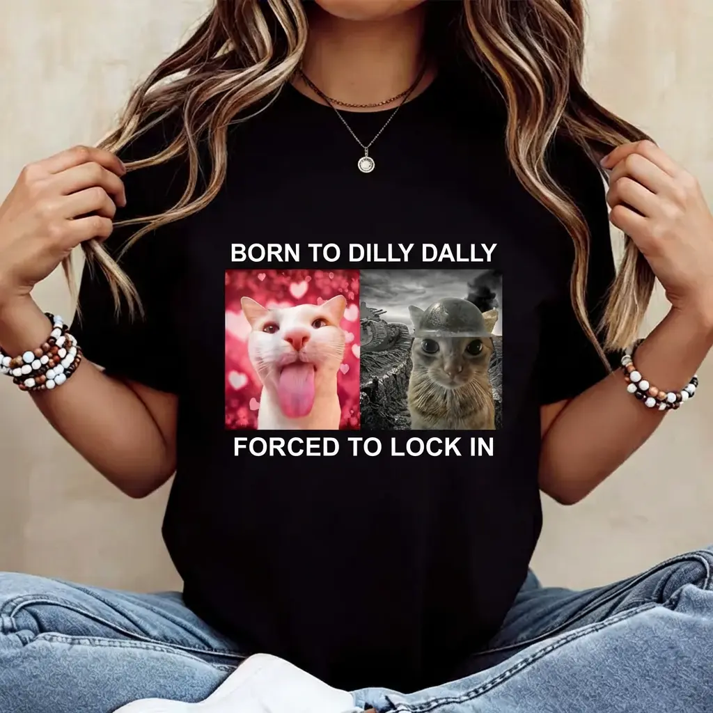 Men's Cotton Short Sleeve Crew Neck Fitted Casual T-Shirt - Cute Born To Dilly Dally Forced To Lock In Cat Meme Print, Sarcastic Work Humor Gen Z Aesthetic Black Apparel (Also for Women)