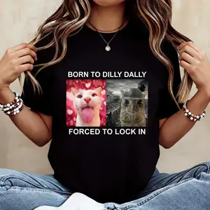 Men's Cotton Short Sleeve Crew Neck Fitted Casual T-Shirt - Cute Born To Dilly Dally Forced To Lock In Cat Meme Print, Sarcastic Work Humor Gen Z Aesthetic Black Apparel (Also for Women)