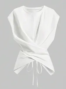 Women's Knitted Round Neck Drop Shoulder Sleeve T-Shirt, Fashion Casual Asymmetrical Ruched Cross Cutout Back Tie Top