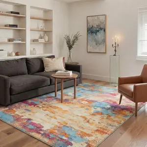 【Summervibes】GENIMO Washable Rug Low Pile Lightweight Non Slip with Modern Abstract Brush Strokes Print Pattern for Living Room, Bedroom, Dining Room, Home Office, Sunset Blush
