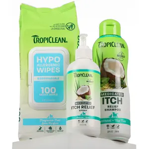 TropiClean Oatmeal & Tea Tree Bye Bye Itch 3-Piece Dog Shampoo, Wipes and Spray Bundle, Pet Grooming Supply