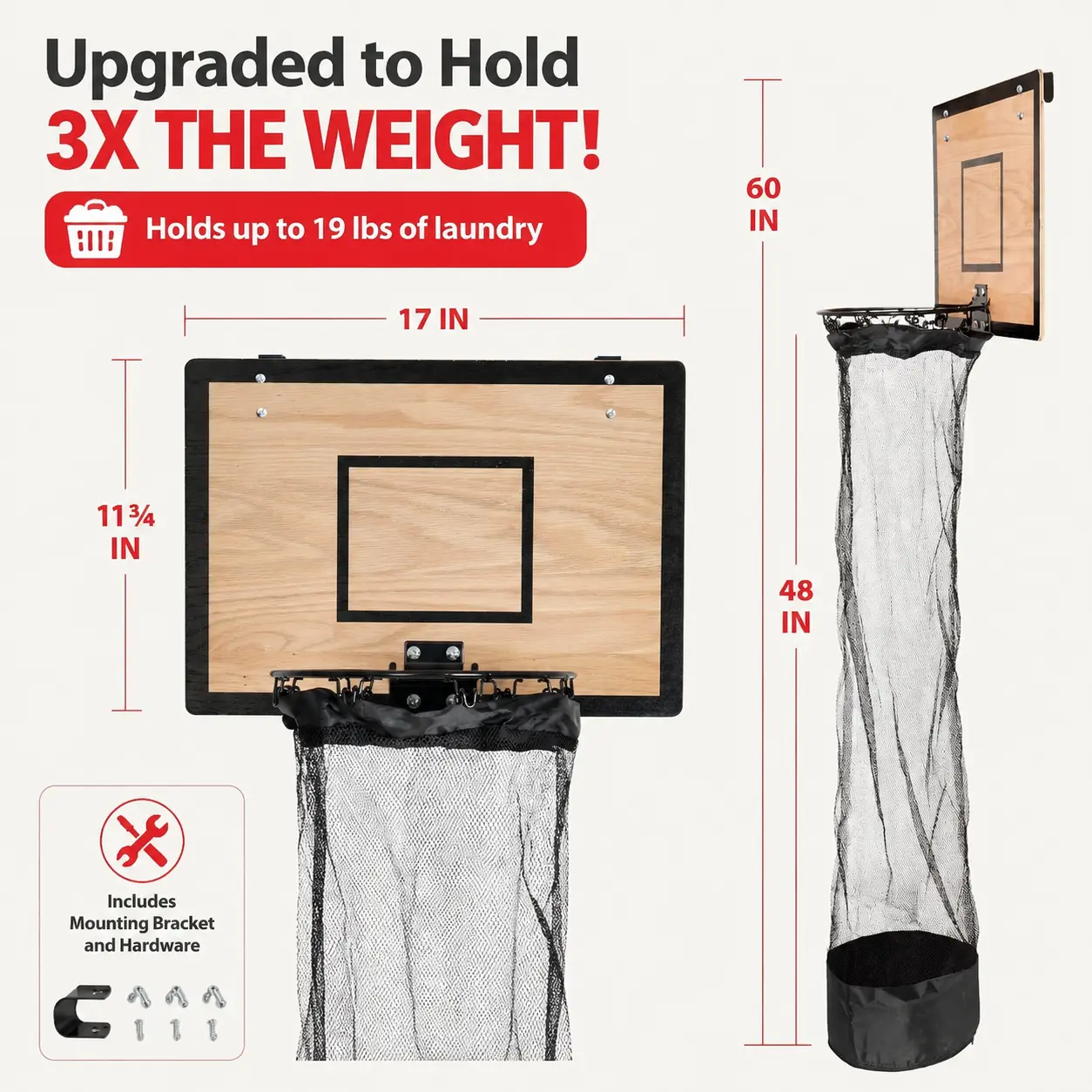 Sports Theme Wood Frame Basketball Hoop Laundry Hamper, Over-the-Door Hanging Large-Capacity Basket, Space-Saving Laundry Storage for Kids' Room